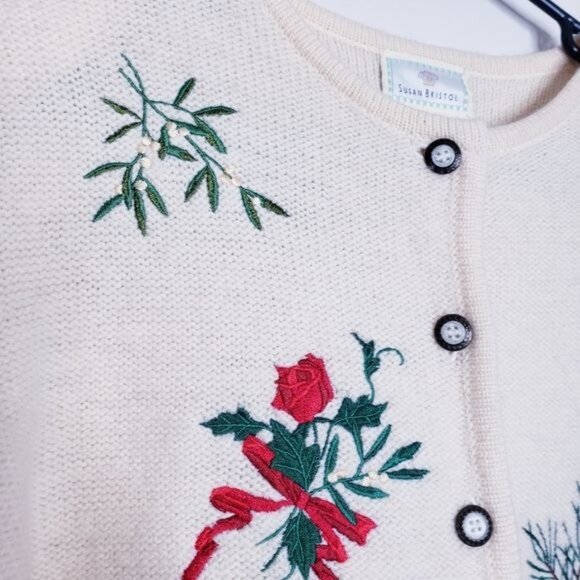 Susan Bristol Vintage Cream Holiday Embroidered Wool Cardigan Womens Size Medium - Picture 4 of 9